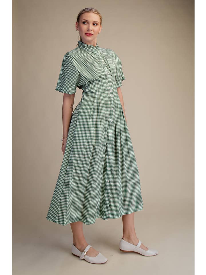 Glam - Wholesale Dress - Women's - Gingham Check Ruffle Neck Waist Pleated Midi Dress7