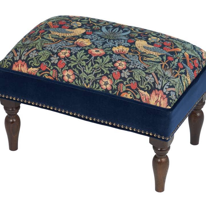 Strawberry Thief Midnight Upholstered Stool with Velvet Sides for wholesale by Hines of Oxford