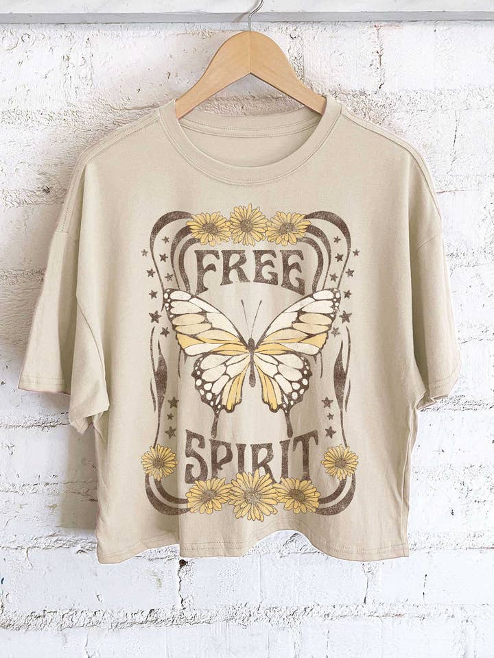 FREE SPIRIT BUTTERFLY GRAPHIC LONG CROP TOP for wholesale by Rustee Clothing