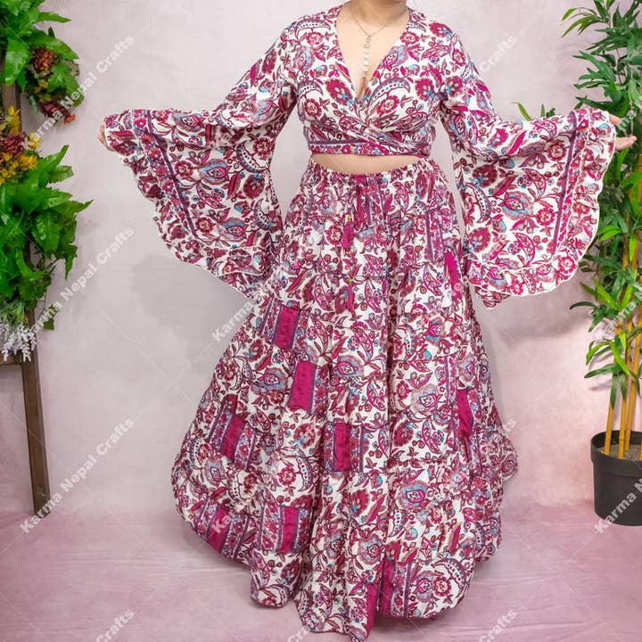Karma Nepal Crafts - Wholesale Top & Skirt Set - Women's - Flowy Whimsical Skirt with Ruffle Sleeve Top