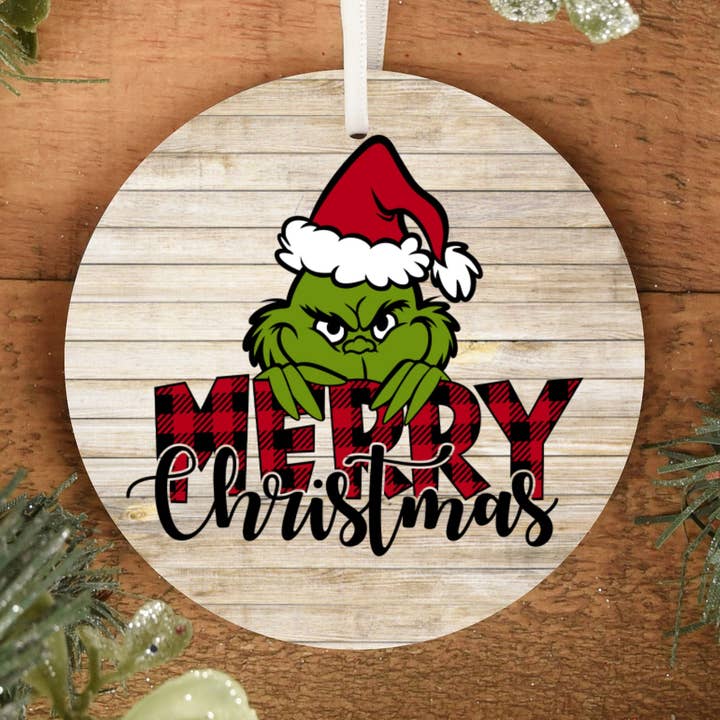 Merry Christmas Grinch 4" wooden circle ornament for wholesale by Joetta Marie