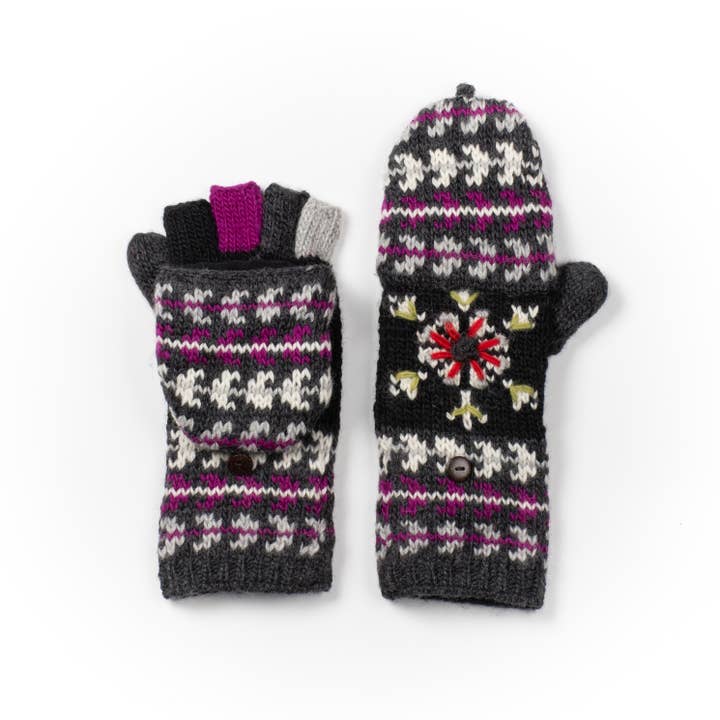 Lost Horizons Knitwear - Wholesale Mittens - Women's - Fussen Fingerless Gloves with Flip-Top and Embroidery