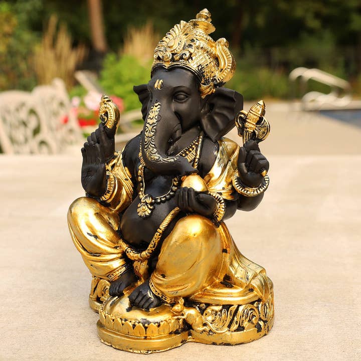 Lungta Imports - Vendita all'ingrosso Scultura - Statua di Ganesh Ganesha Elefante indù Dio del successo in resina colata a freddo finitura oro14