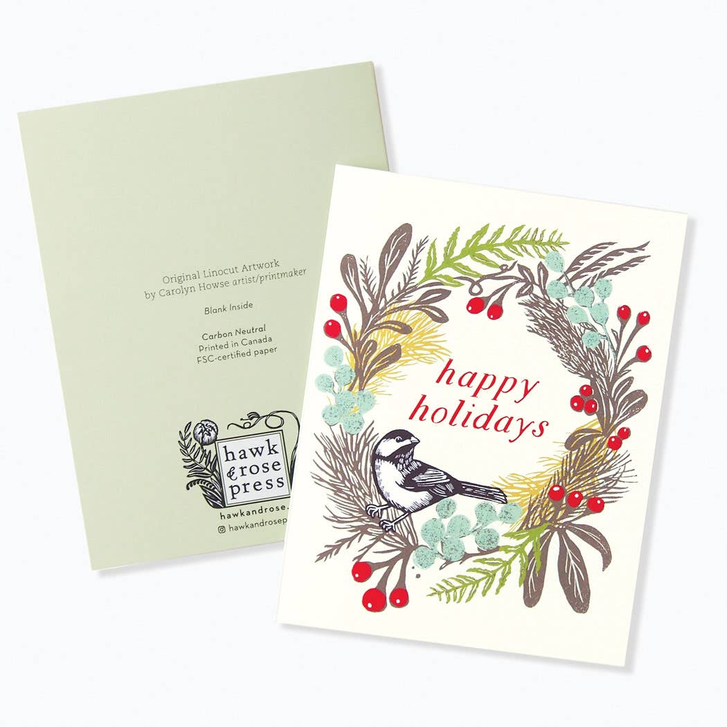 Hawk and Rose Press - Wholesale Season's Greetings Card - 'Holiday Wreath' Vintage Style Linocut Holiday Card2