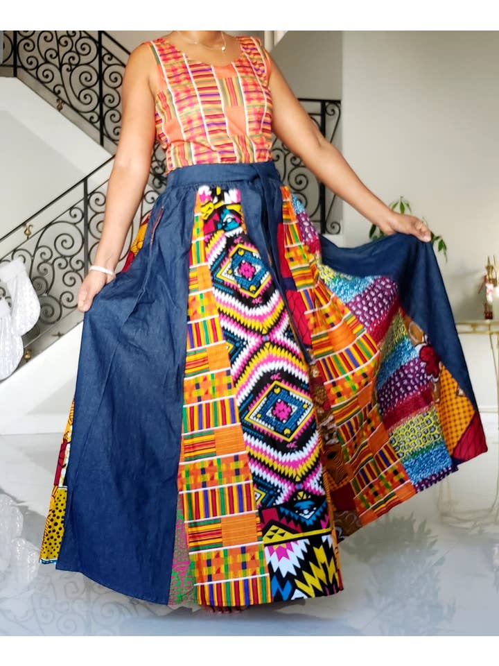 India Batik - Wholesale Pants - Women's - 702- Women Palazzo Pant - Denim/Multi Prints1