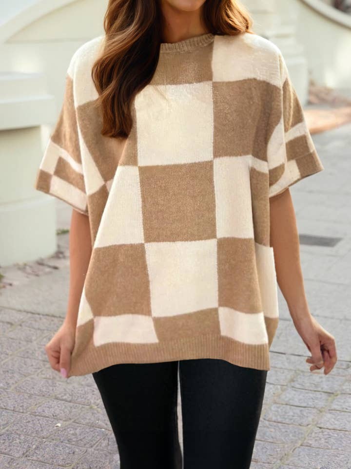 Checkered Pattern Loose Drop Shoulder Short Sleeve Sweater for wholesale by 1 the Woman