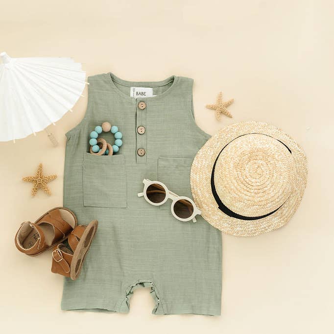 Green Crop Linen Romper for wholesale by Babe Basics