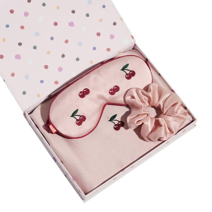 "Lost Cherries" 3 Piece Silk Gift Set - Silk Pillowcase & Silk Sleep Eye Mask & Silk Scrunchie for wholesale by Lost Pattern NYC