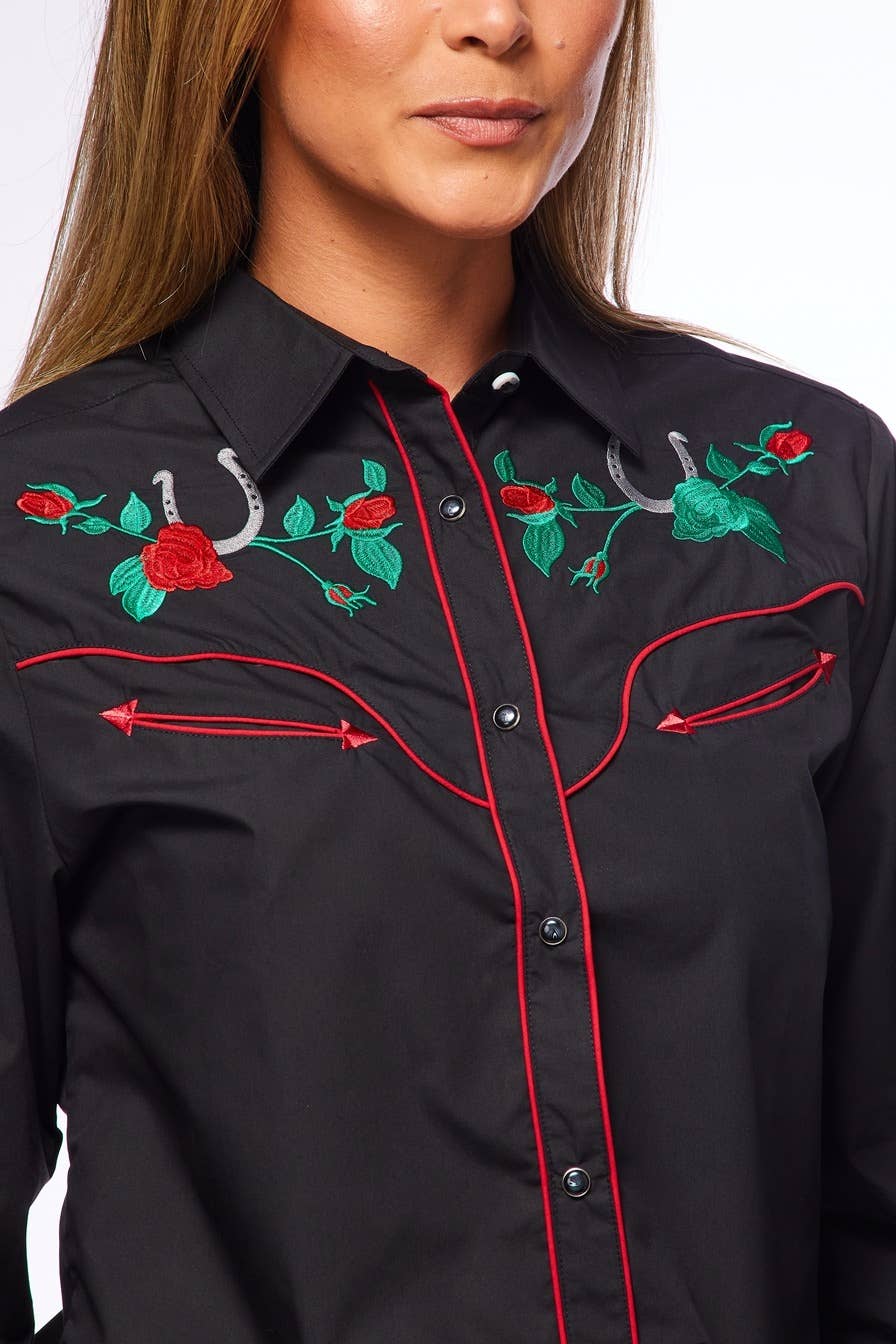 Rodeo Clothing - Vente Chemise à col boutonné – femme - Robe brodée à manches longues d'inspiration western pour femmes30