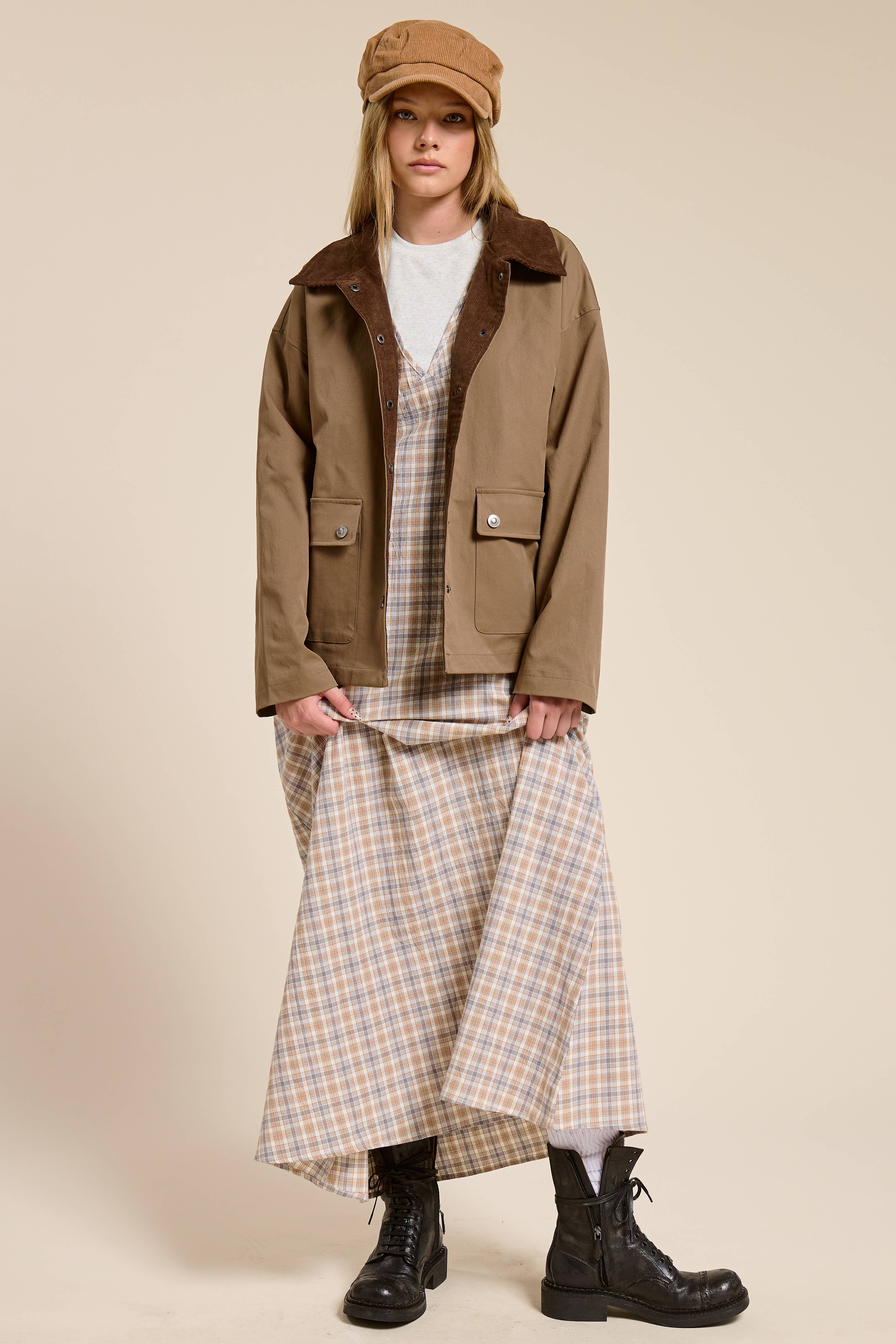 Brown Barn Jacket with Corduroy Collar and Snap Pockets for wholesale on Faire1