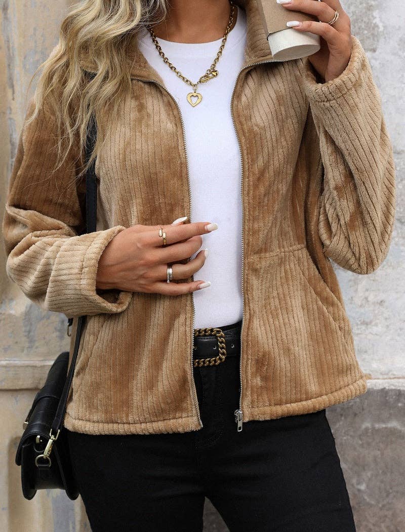 KHAKI Zip-Up Plush Jacket with Pockets for wholesale on Faire1