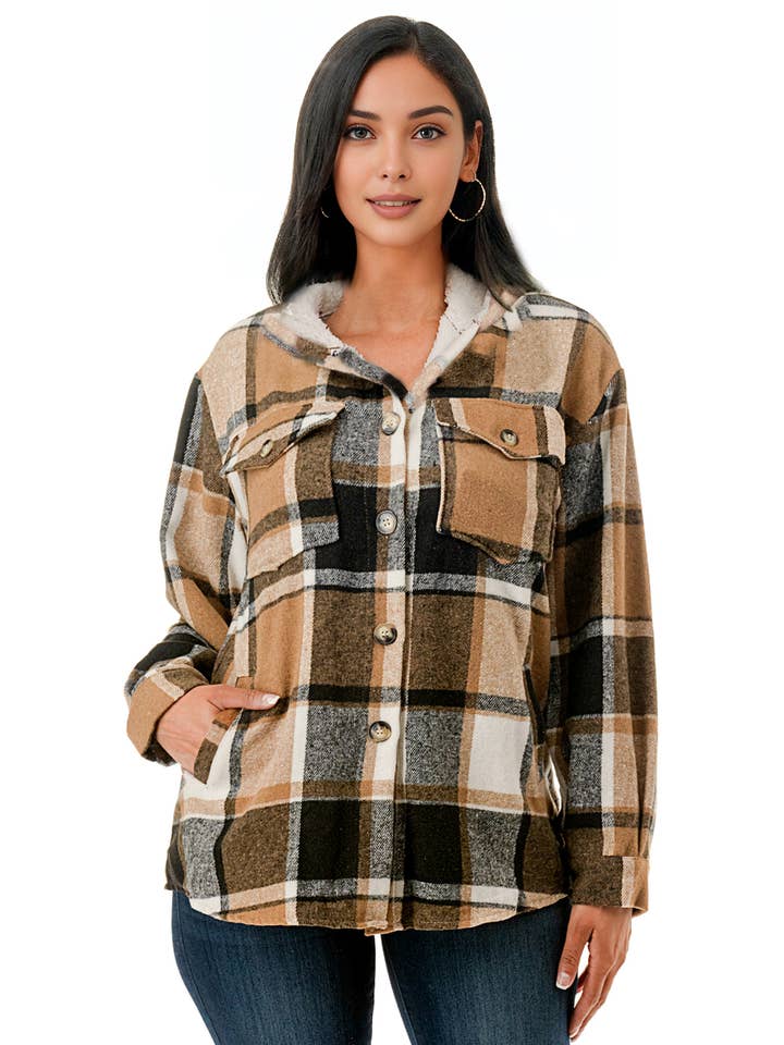 Color 5 - Wholesale Sweatshirt - Women's - Fur lined brown white plaid flannel shirt jacket w/hoodie