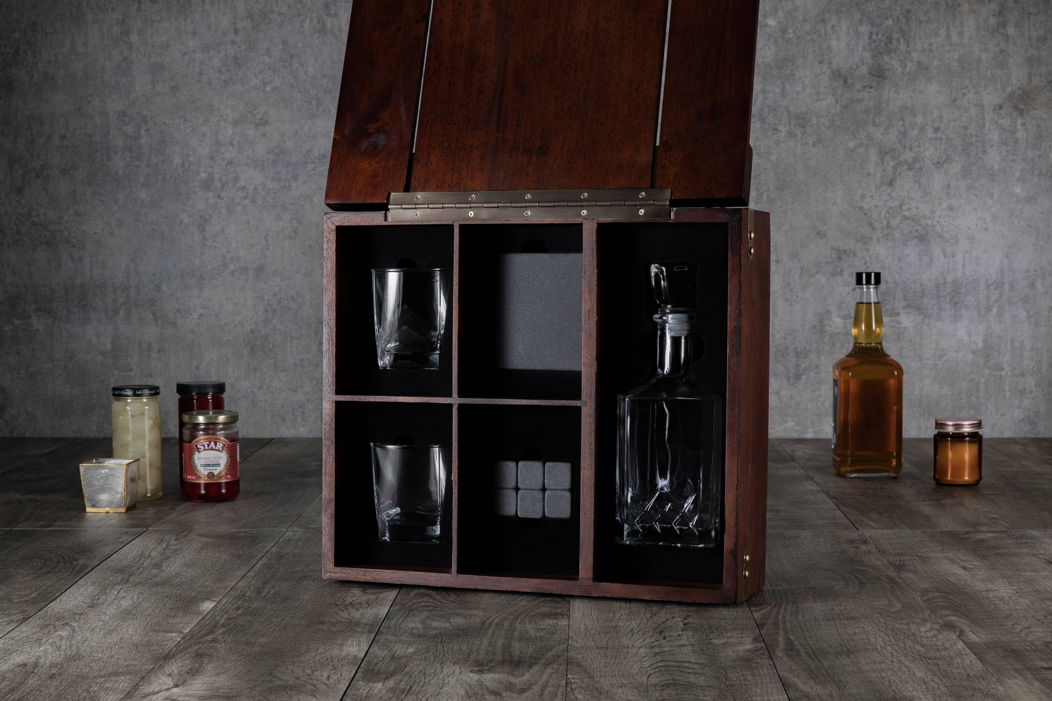 Dark Stain Parawood Whiskey Box with Decanter - Gift Set for wholesale on Faire7