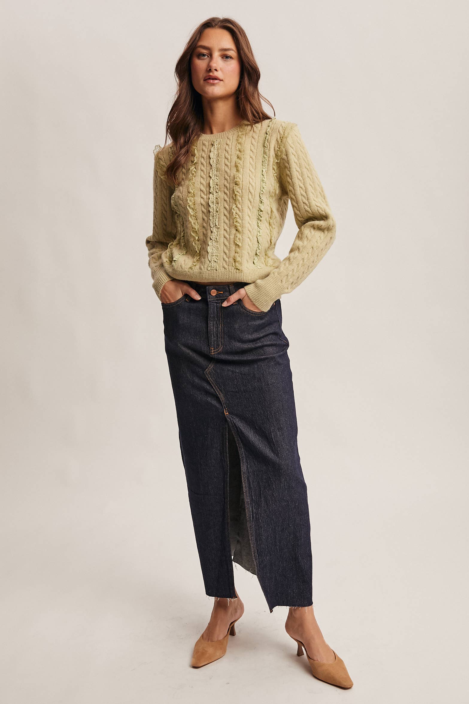 Forte - Wholesale Knit Sweater - Women's - Lace Trim Cable Knit Pullover FSW00107