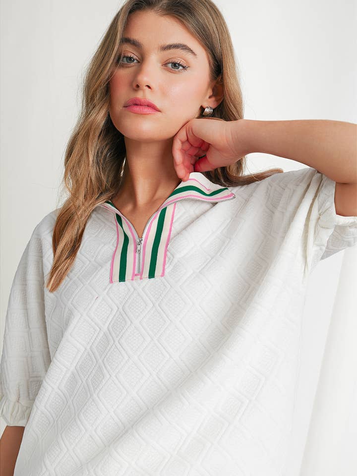 Textured Colorful Tape Zip Collared Top | S-XL for wholesale by Aapparella