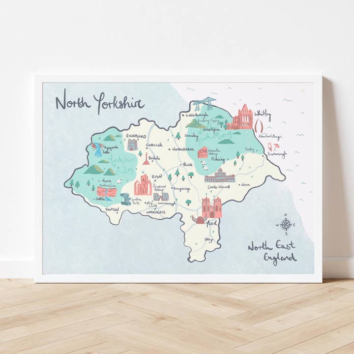 North Yorkshire County Illustrated Map - Richmond, Ripon, Fountains Abbey, York for wholesale by Mads Illustration
