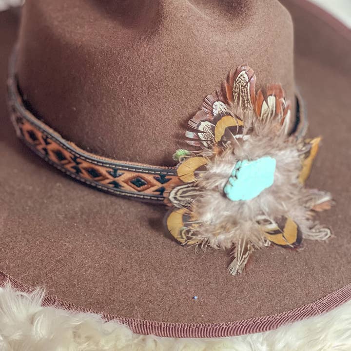 The Sterling Gypsy - Wholesale Hat Accessory - Women's - Handmade Retro Western Feather & Turquoise Country Star Stap
