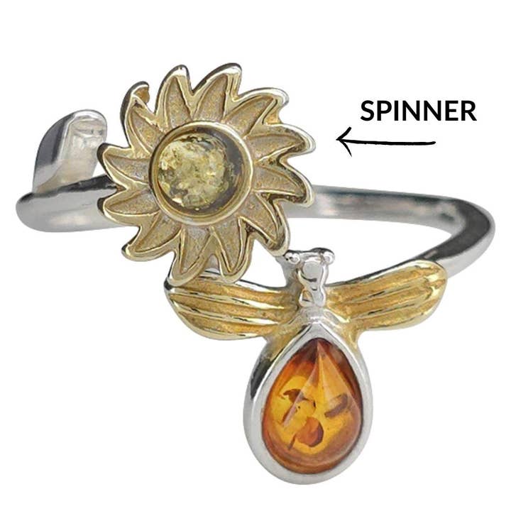 Anello regolabile in argento placcato oro ambra con fiore/ape. per la vendita all'ingrosso da parte di Amberman