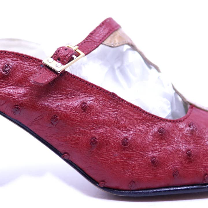 Red Ostrich & Buttercup Alligator Heels 9-US Women's for wholesale by Max Leather Inc.