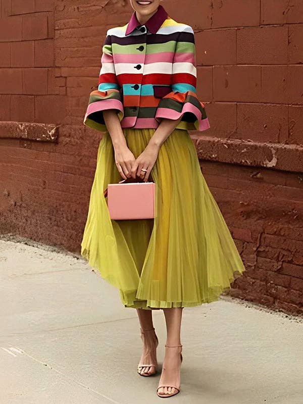 COLORFUL Puff Sleeve Striped Lapel Blouse – Multi-Colored for wholesale on Faire