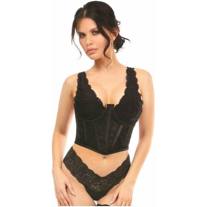 Weelderig zwart met zwart kanten overlay open cup taille cincher voor wholesale door Daisy Corsets