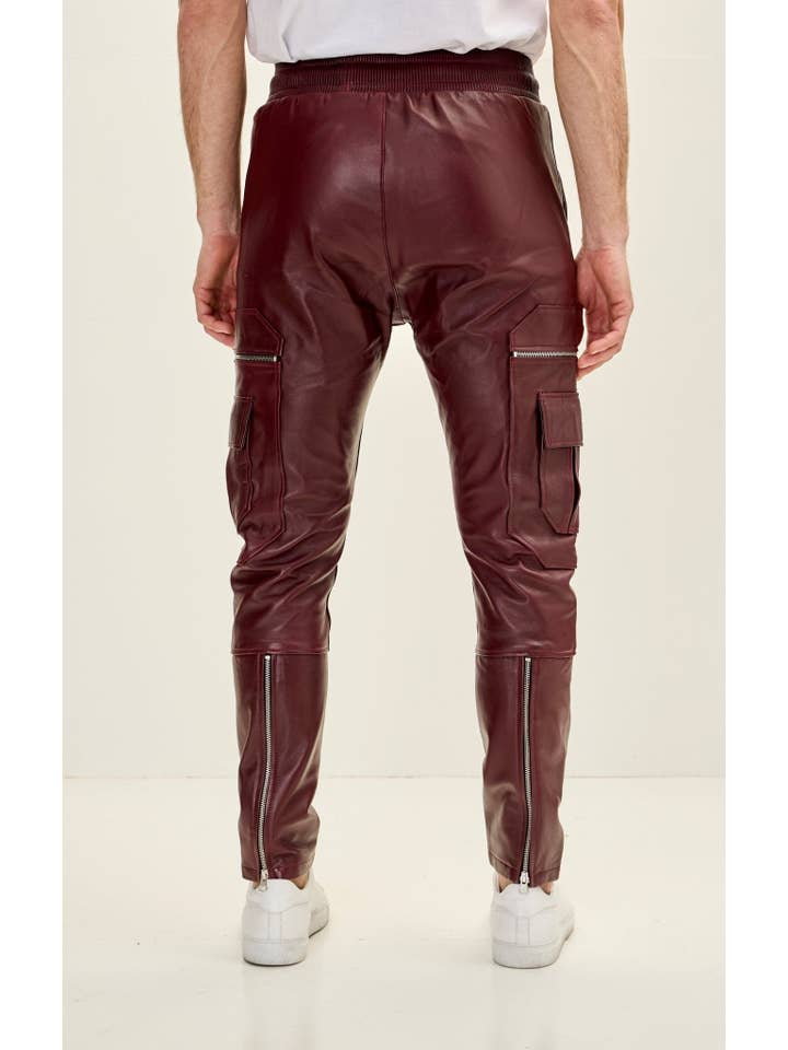 VINRÖD Destination Joggers i äkta läder för män - Burgundy för wholesale på Faire3