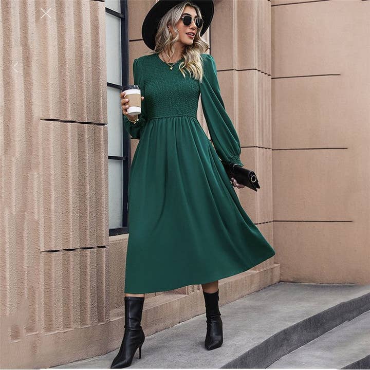 DEEP GREEN Solid Color Lantern Sleeve Waist Long Dress for wholesale on Faire