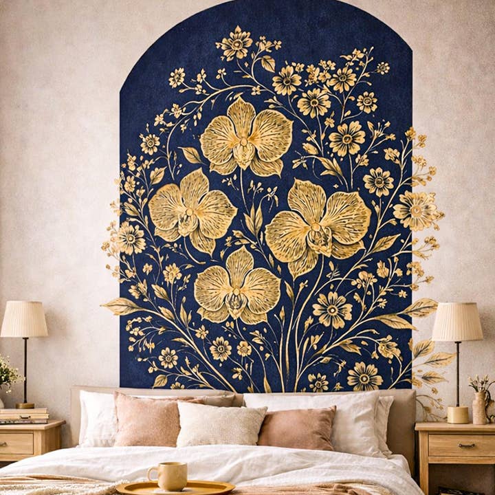 Gold Orchid Wall Decal | Navy Blue Floral Mural for wholesale by Decords