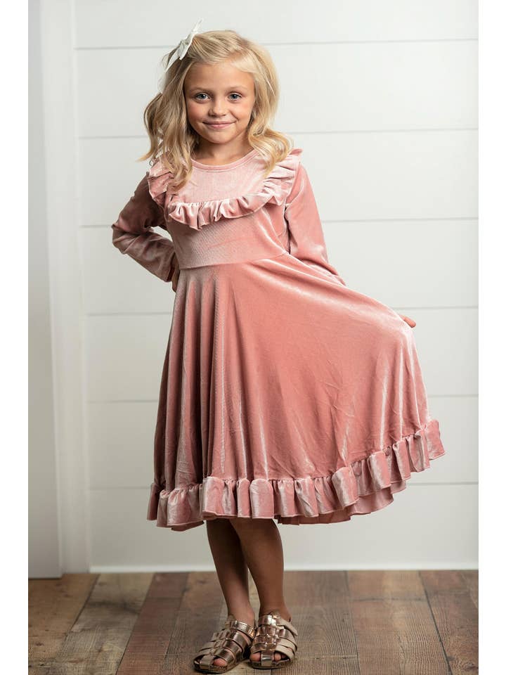 Adorable Sweetness - Wholesale Dress - Kids - Kids Pink Velvet Ruffle Fancy Winter Christmas Holiday Dress