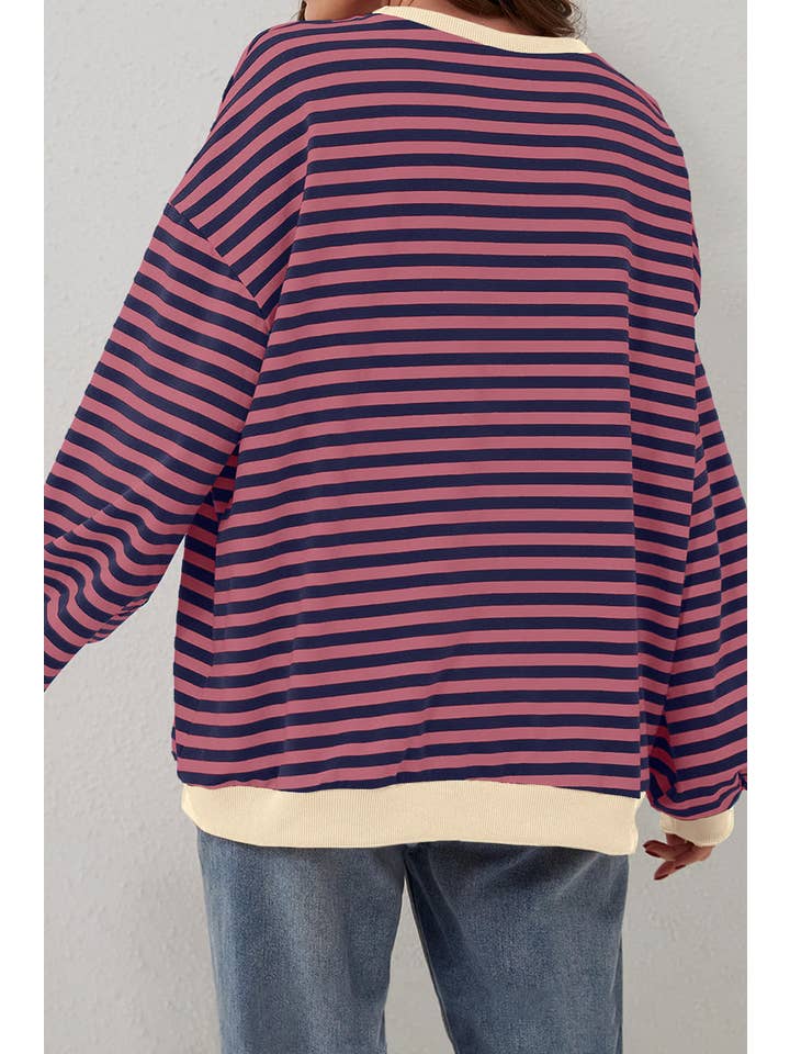Amaryllis Apparel - Wholesale Sweatshirt - Women's - Stripe Oversized Contrast Trim Pullover Sweatshirt23