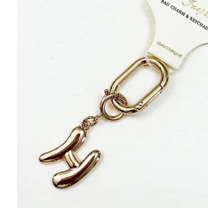 E to J Gold Bubble Initial Bag Charm Key Chain for wholesale by Love and Repeat