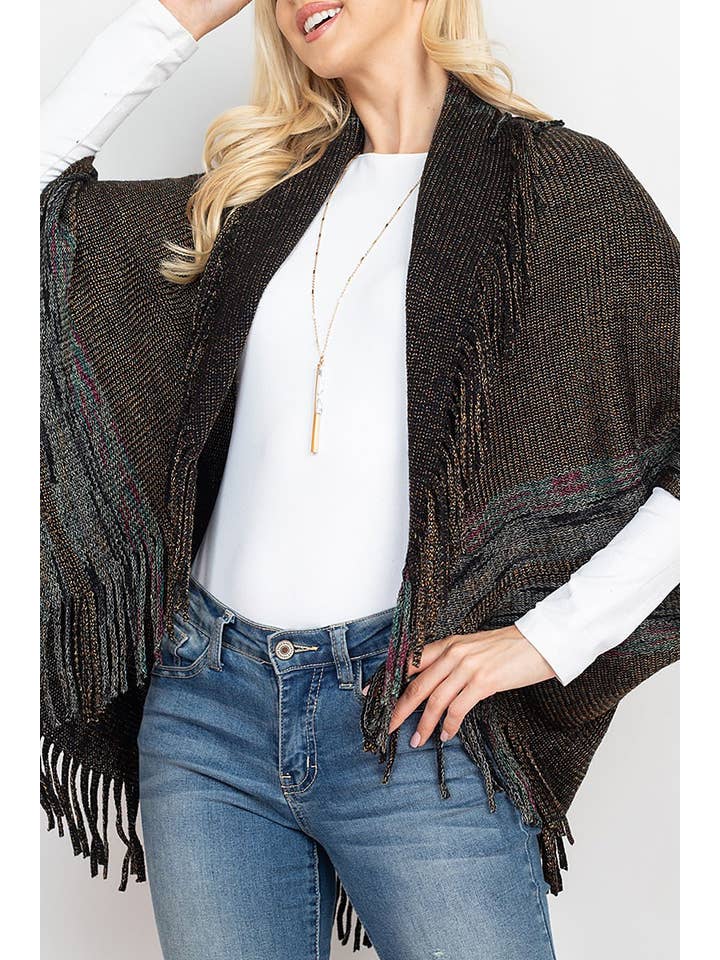 OLIVE BORDERLINE KNITTED FRINGE RUANA KIMONO for wholesale on Faire4