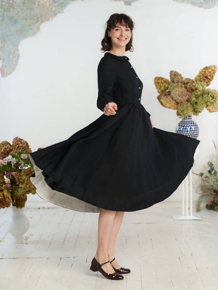 Night Garden Classic – Midi Linen Dress with Peter Pan Collar for wholesale on Faire18