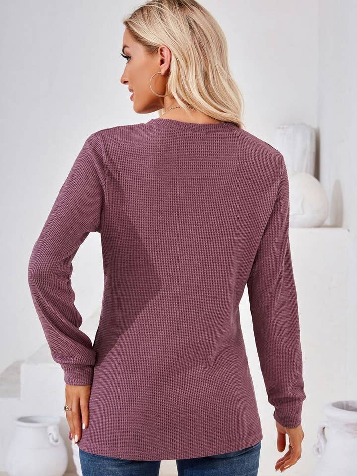 NINEXIS - Wholesale Blouse - Women's - CWTBLL01312_V NECK BUTTON SOLID LONG SLEEVE LOOSE TEE8