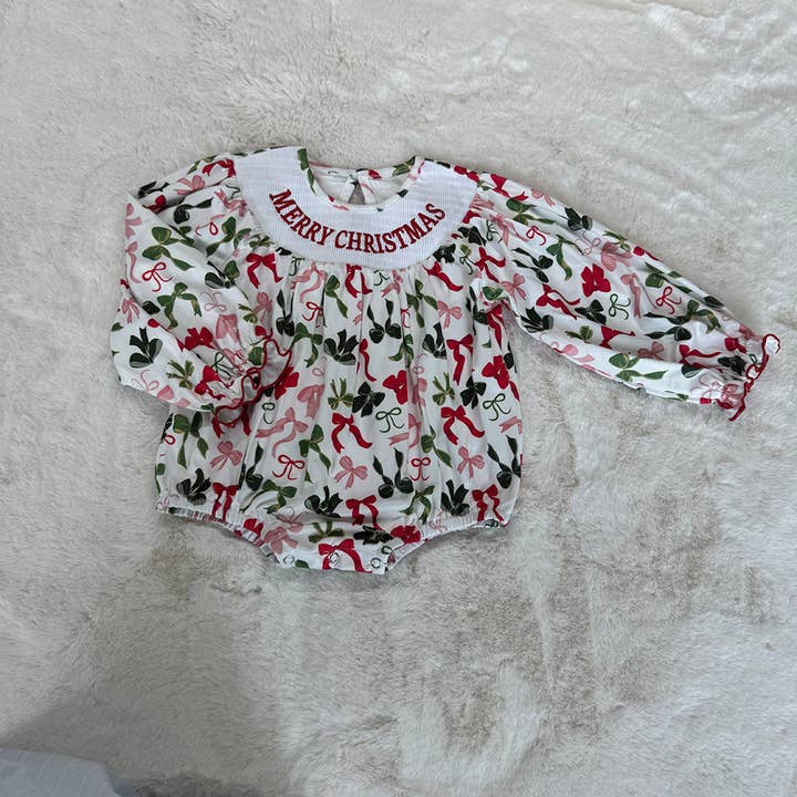 Aier Wholesale - Wholesale Jumpsuit - Baby - Baby Girls Smocked Embroidery Merry Christmas Colorful Bows Rompers2