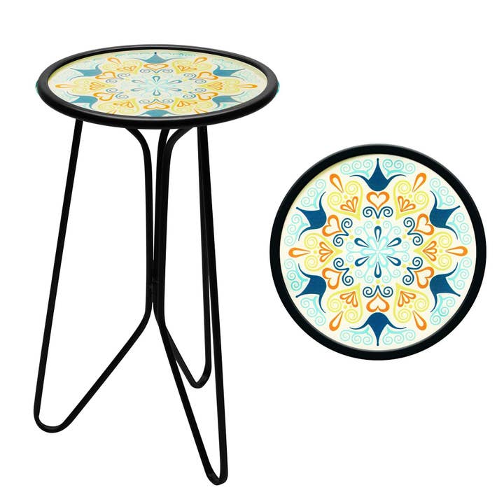 Table d'appoint ronde en verre de 30 cm G128 motif mandala vert | Support décoratif pour plantes, petite table d'appoint pour jardin, patio, porche, salon pour la vente par G128