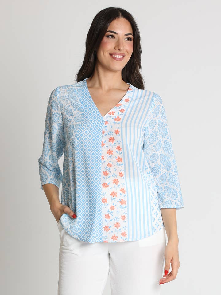 383454N PRINTED FLORAL AND STRIPED CHIFFON BLOUSE for wholesale by LOURDES CASTILLO