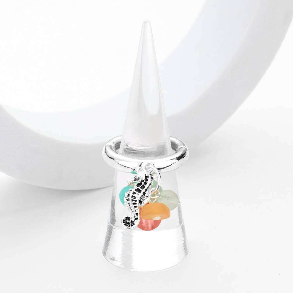Sensibling Corp. - Wholesale Cocktail/Statement Ring - Sea Glass Metal Seahorse Dangle Stretch Ring0