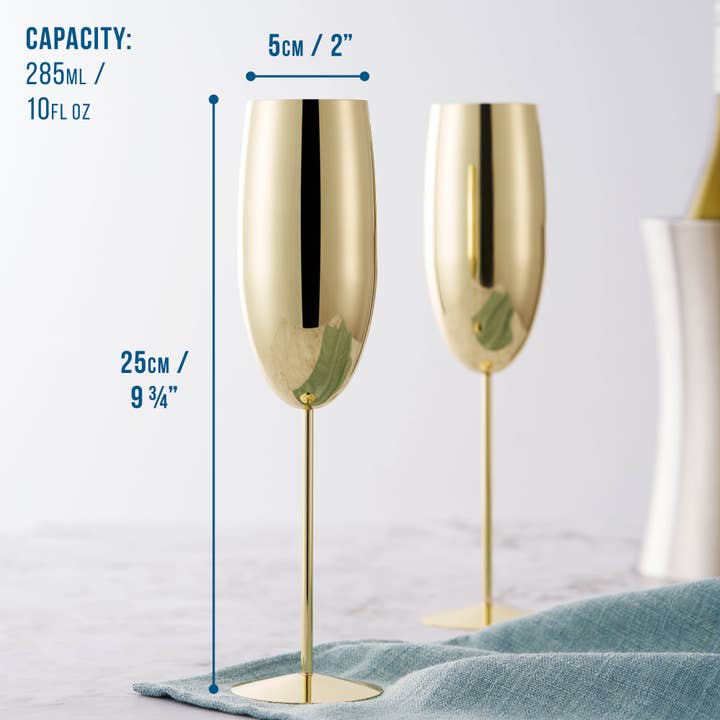 Oak & Steel – wholesale Champagne flute – 2 Stainless Steel Gold Champagne Flutes (280ml)1
