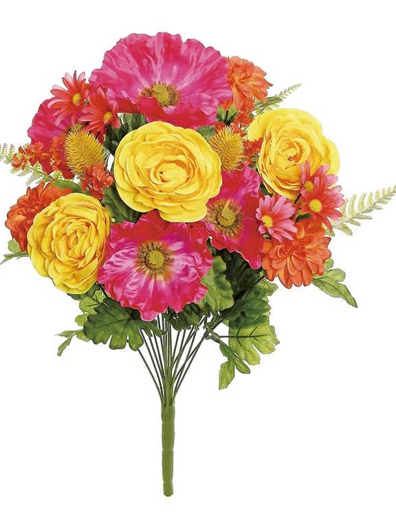 Poppy, Ranunc & Thistle Bush, 22", Hot Pink/Yellow for wholesale by Select Artificials, Inc.