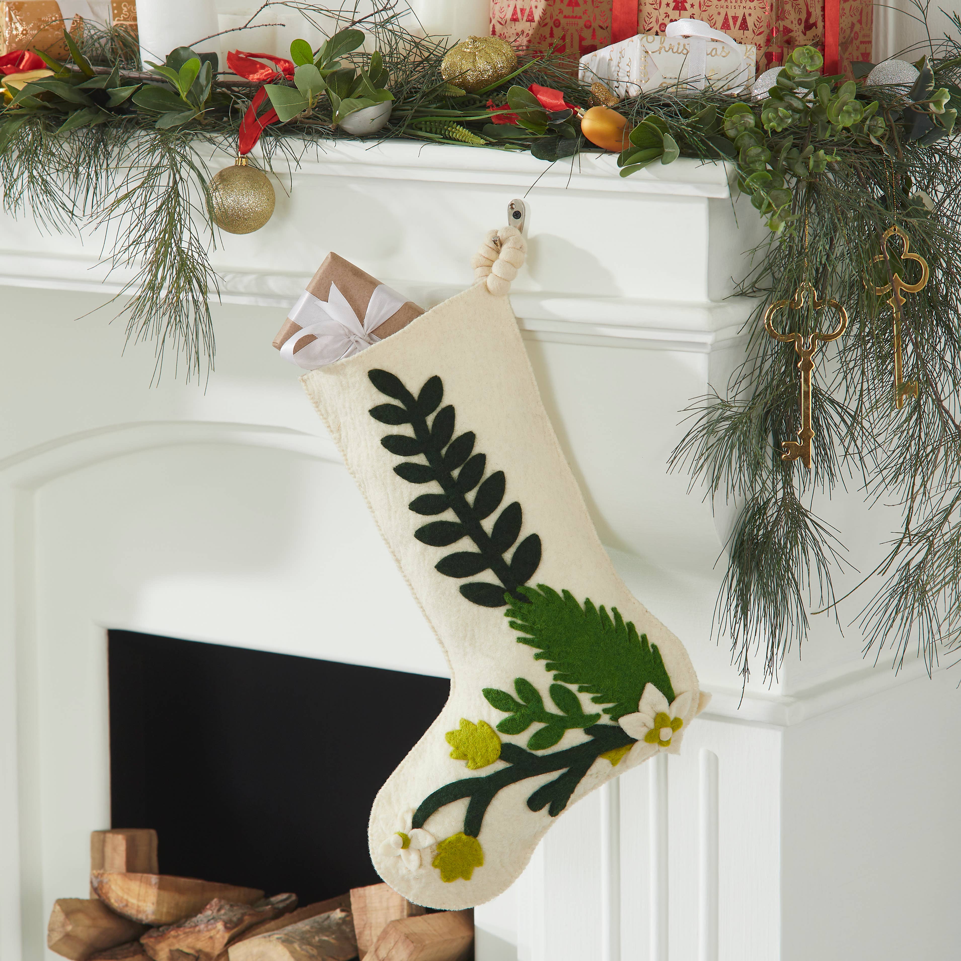 Arcadia Home - Wholesale Holiday Stocking - Green Leaves on Cream Handmade Christmas Stocking, Classic3