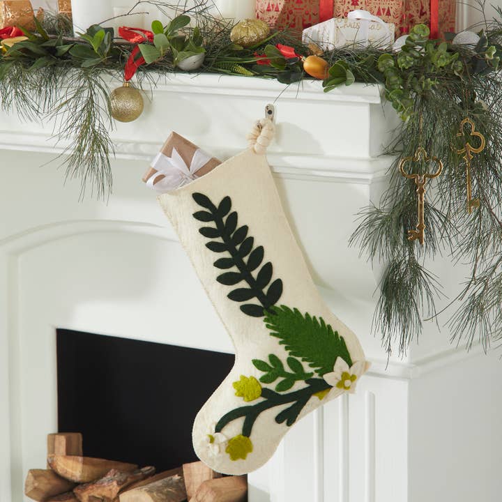 Arcadia Home - Wholesale Holiday Stocking - Green Leaves on Cream Handmade Christmas Stocking, Classic3