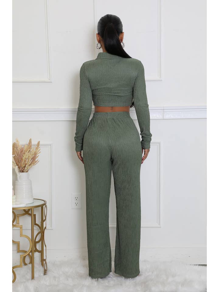 5besties inc - Wholesale Top & Pant Set (NOT Loungewear) - Women's - CRINKLED PLISSE ZIP UP LONG SLEEVE LOUNGEWEAR SET