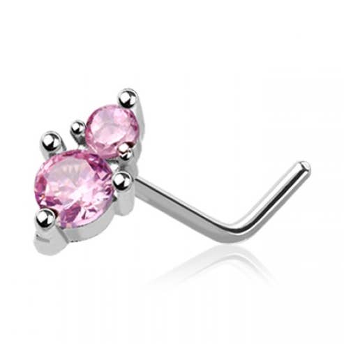 DOUBLE PRONG CZ GEM TOP 316L SURGICAL STEEL L SHAPE NOSE for wholesale by CRAVE
