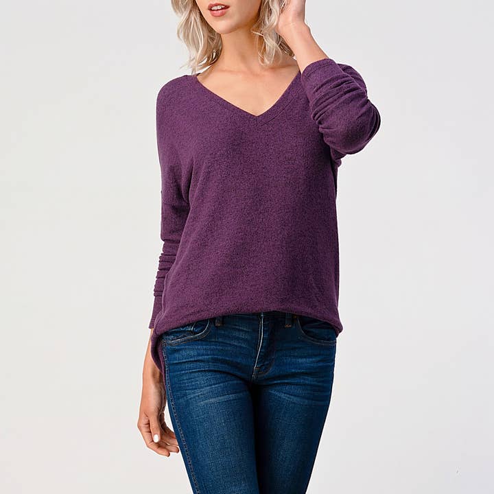 Heimious – Engroshandel Strikket top - Dame – Langærmet V-hals børstet strik top, 273869