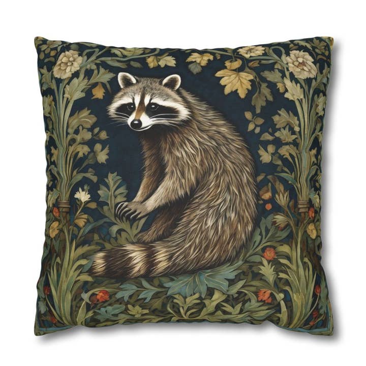Coussin décoratif Woodland Raccoon dans le style William Morris pour la vente par Upside Down Owl Farm