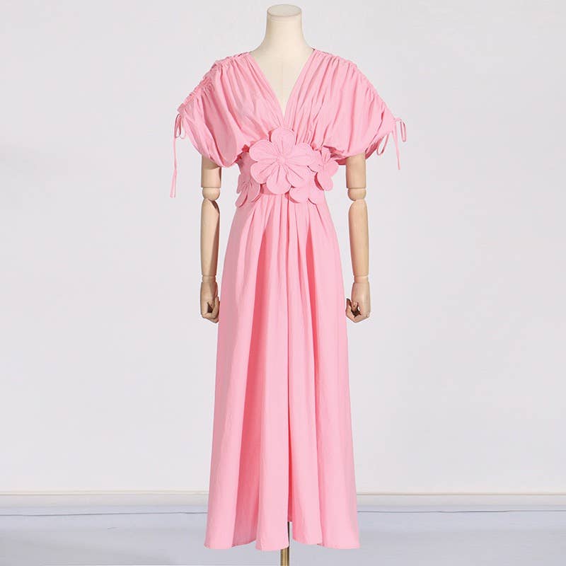 Branco SY185 Elegante Vestido Longo com Colagem Floral com Decote em V e Cintura Alta para venda a revendedores na Faire9