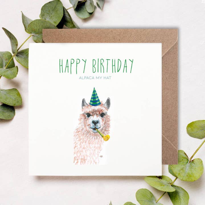 Alpaca My Hat Happy Birthday Card for wholesale by Patricia Grace Art