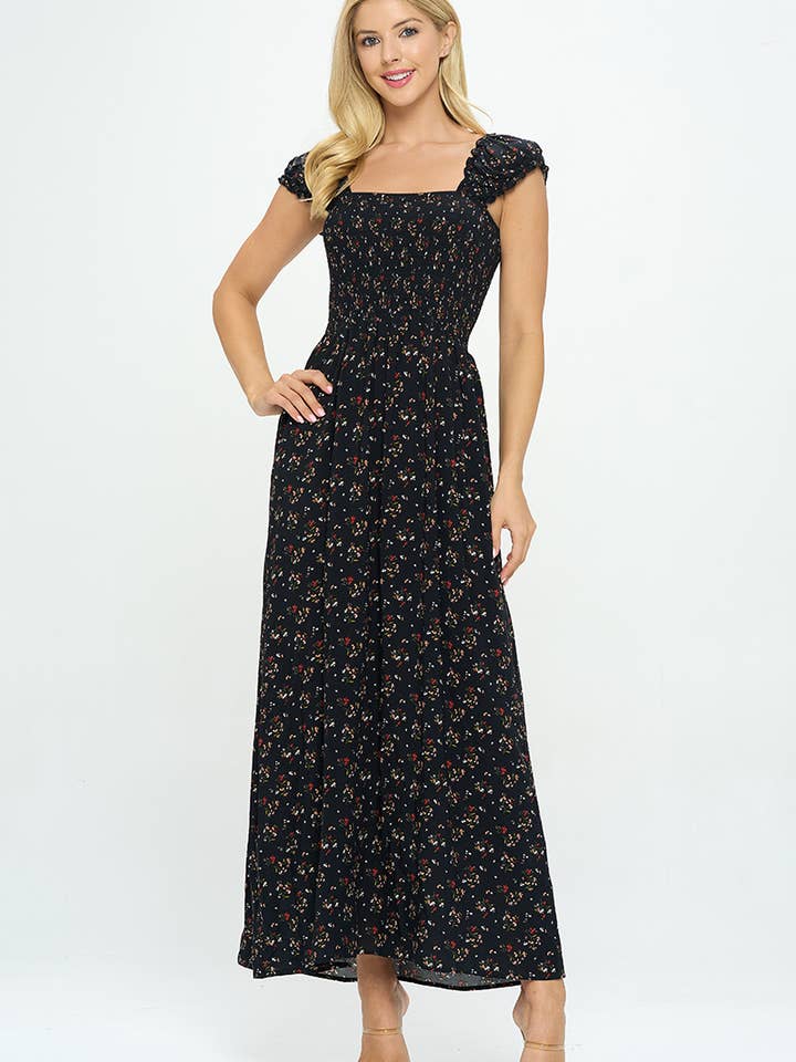 VESTIDO LARGO CON CUELLO CUADRADO Y BUSTO FRUNCIDO CON ESTAMPADO FLORAL para venta al por mayor de Hesperus