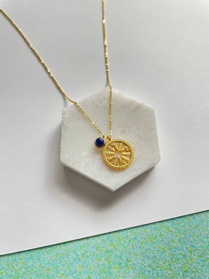 Wanderlust Compass Medallion Necklace Lapis Smoky Quartz for wholesale by Qurio Studio